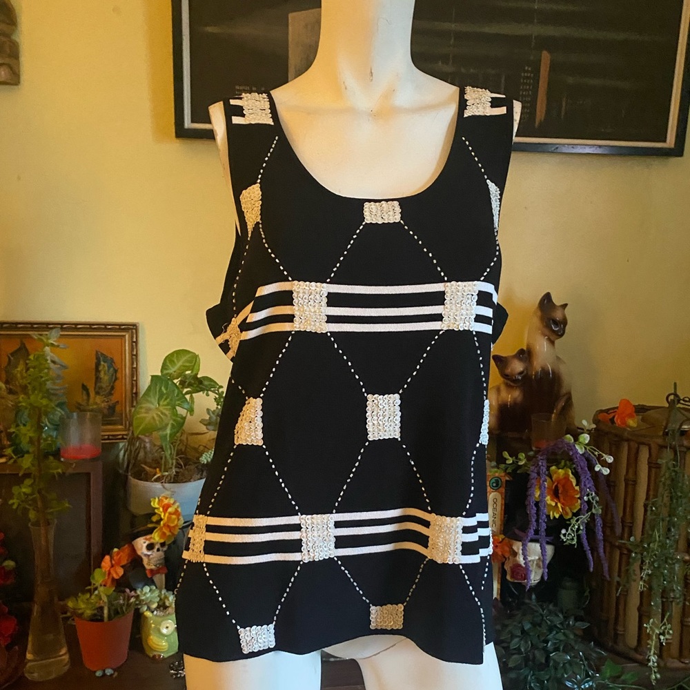 Ladies black with white sequins and beaded no sleeve blouse mod contempo - Picture 5 of 7